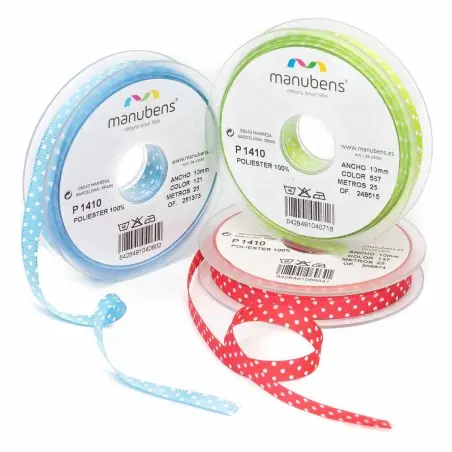 Cinta tafetán topos - lunares poliéster 25 mm Manubens 1410 - 25 metros Ocasión Especial