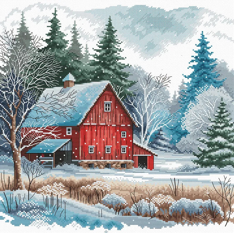 Exclusivo Kit de Punto de Cruz "La Cabaña Roja bajo la Nieve" P044 de AVA Stitch