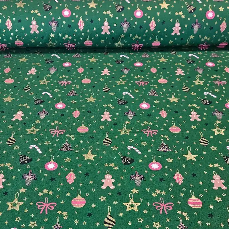 Oferta Flash Tela de Popelín Algodón Verde Motivos Navideños (ancho 1,50M)