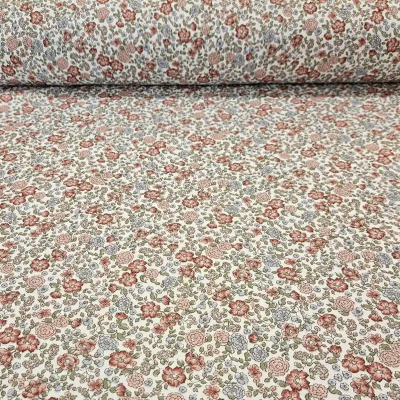 Tela de Sarga Blanco Roto Flores Teja y Azafata (ancho 1,50M) Mejor Precio