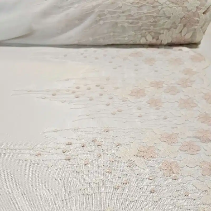 Edición Limitada Tela de Tull Cruda con Blondas Bordadas en Flor Beige y Rosa (ancho 1,38M)