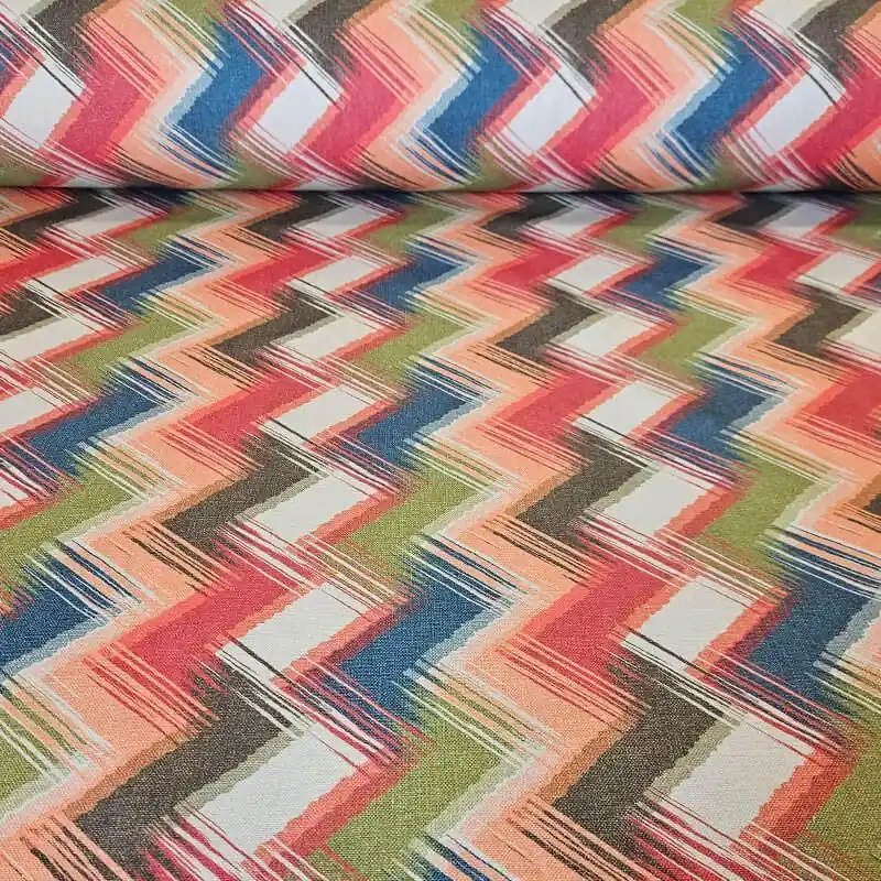 Rebajas Tela de Loneta Estampada Half Panamá Cruda ZigZag Coral (ancho 2,80M)