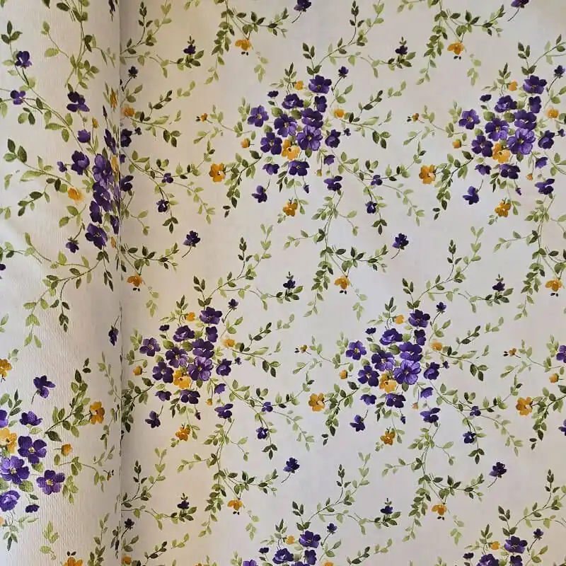 Precio Reducido Tela de Loneta Estampada Half Panamá Beige Flores Moradas (ancho 2,80M)
