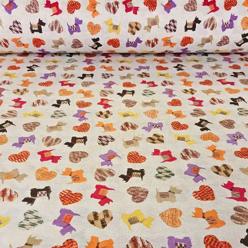 Barato Tela de Loneta Camel Perros y Corazones (ancho 2,80M)