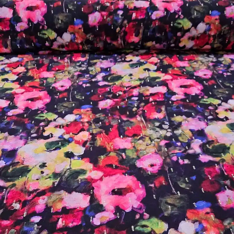 Tela de Viscosa Negra de Flores con Plumeti Lúrex Oro (ancho 1,45M) A Buen Precio