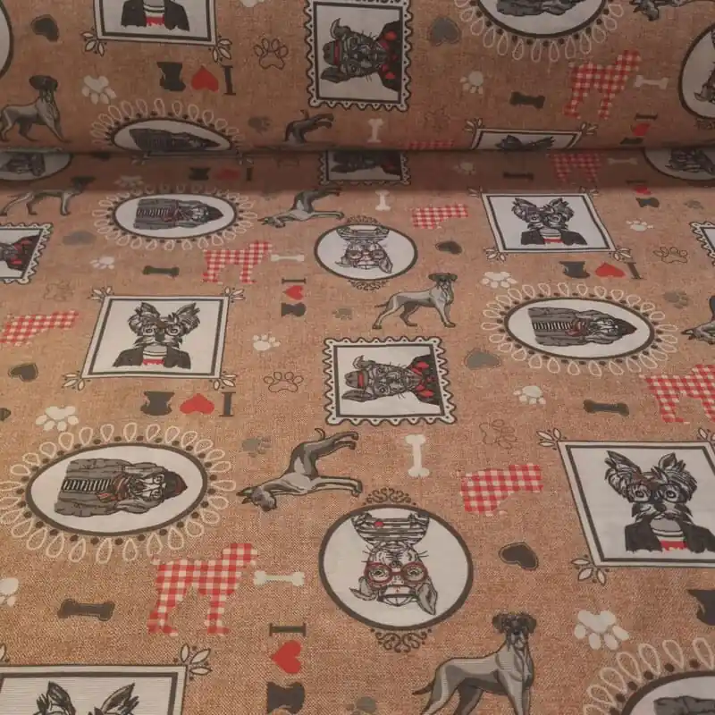 Oferta Especial Tela de Loneta Marrón con Perros y Detalles Vintage (ancho 2,80M)