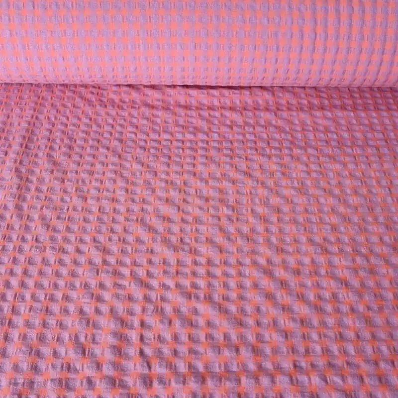 Precio Económico Tela de Cuadros Vichy Medio Seersucker Coral/Malva (ancho 1,45M)