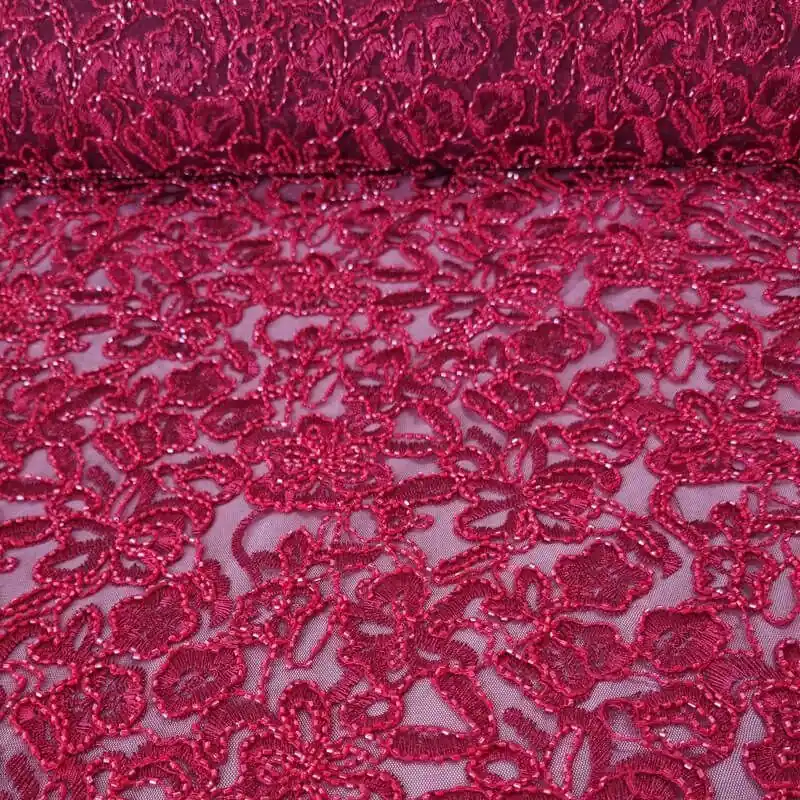 Precio De Fábrica Tela de Tul Burdeos Flores Bordadas y Pedrería (Ancho 1,45M)