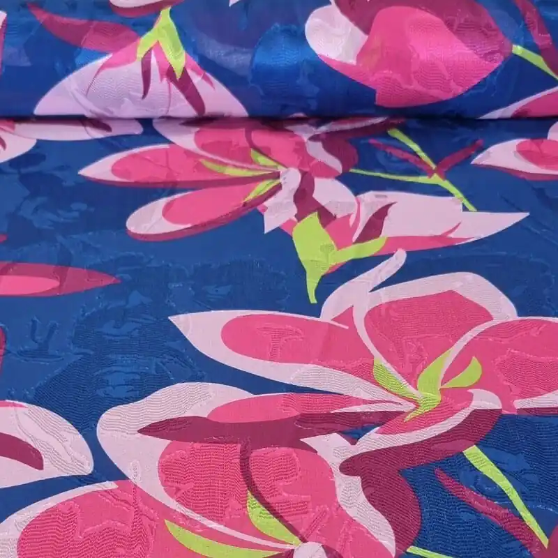 Tela de Gasa Azulina Flores Fucsia (ancho 1,45M) Novedad