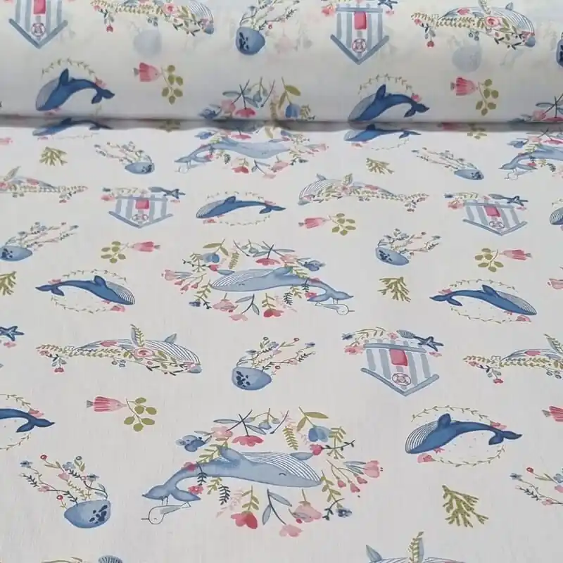 Artesanal Tela de Popelín 100% Algodón Marina Blanca (ancho 1,40M)