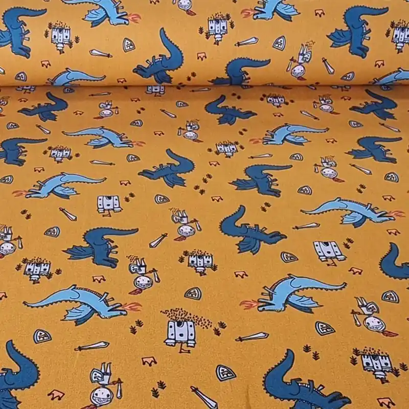 Precio Rebajado Tela de Popelín 100% Algodón Dragones Mostaza (ancho 1,40M)