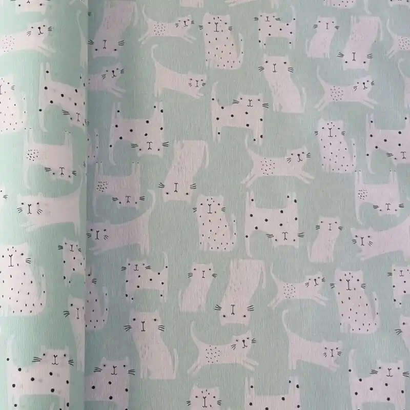 Nuevo Modelo Tela de Mantelería Resinada Antimanchas Verde Agua Gatos (ancho 1,40M)