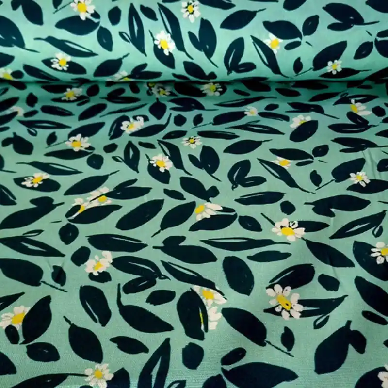 Tela de Mantelería Resinada Antimanchas Verde Agua Margaritas (ancho 1,40M) Auténtico