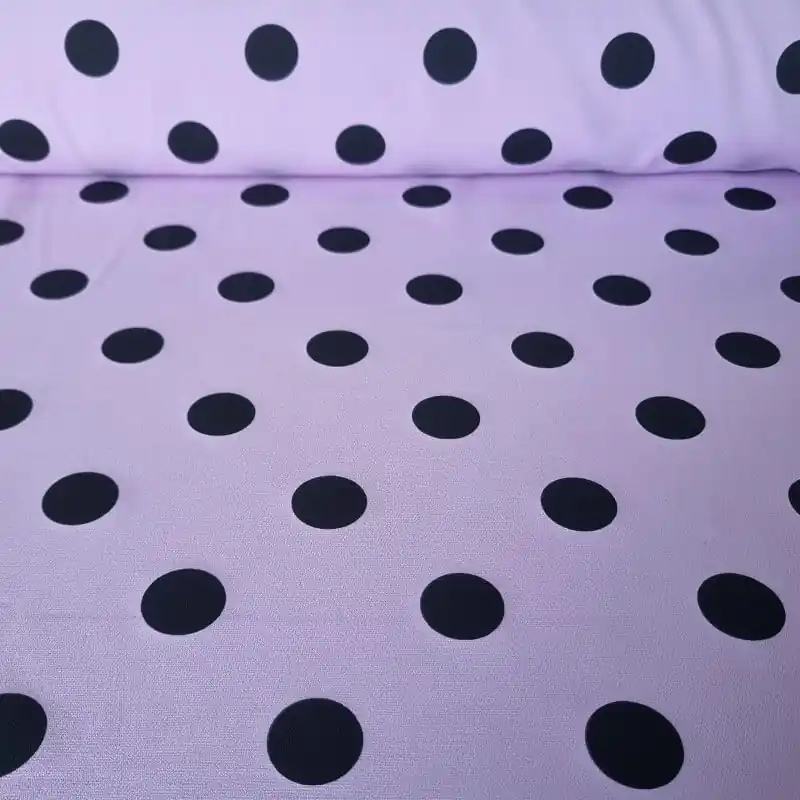 Oferta De Temporada Tela Bielástica Malva con Lunares Negros de 3cm (ancho 1,50M)