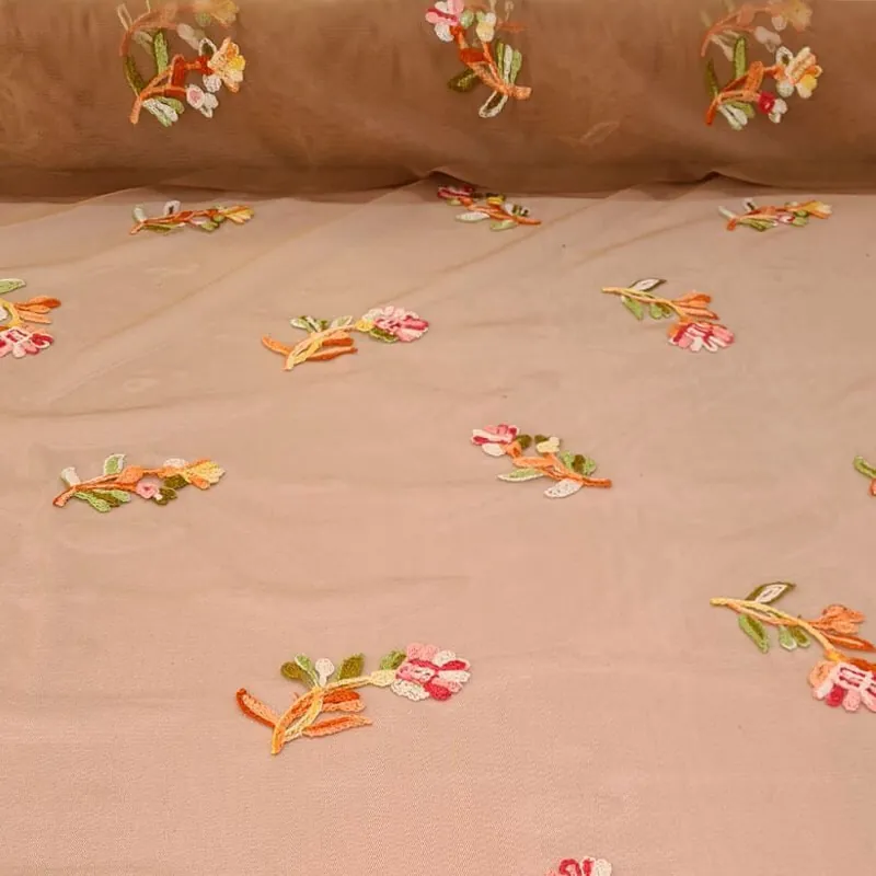 Tela de Tul Marrón con Flores Bordadas (ancho 1,50M) Marca Reconocida