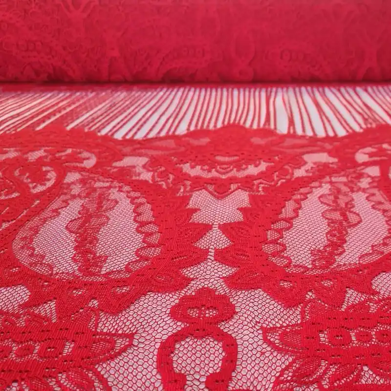 Artesanal Tela de Mantoncillo Roja Encaje y Flecos (ancho 1,50M)