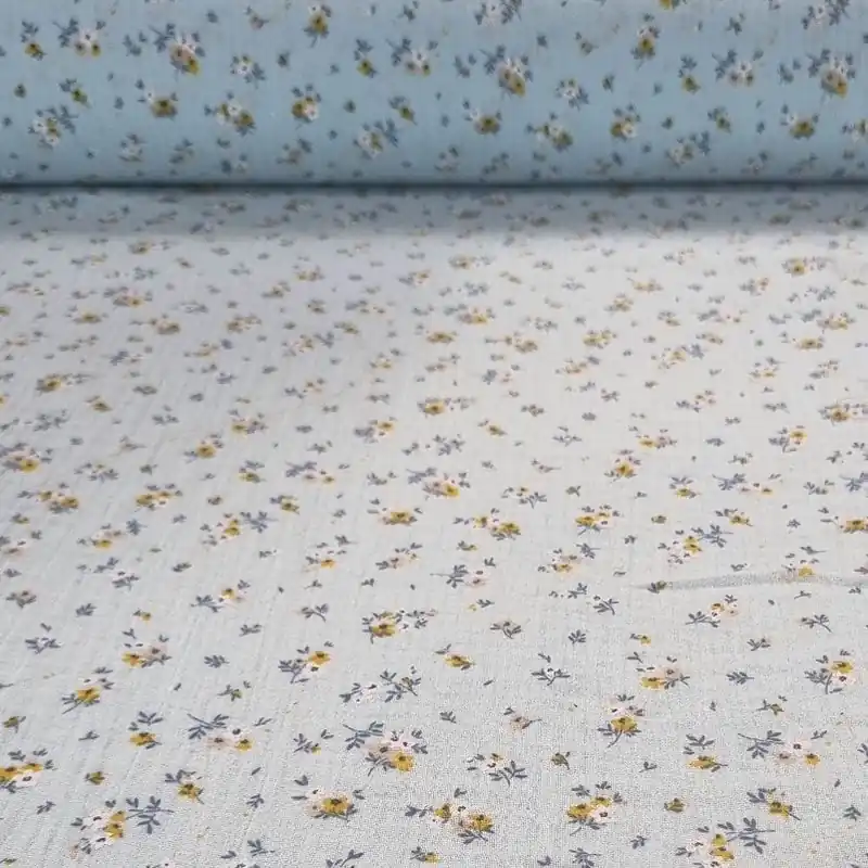 Tela de Doble Gasa Bambula Celeste Estampado Flores 100% Algodón (ancho 1,45M) Venta Final