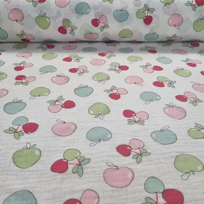Ordenar Ahora Mismo Tela de Doble Gasa Bambula Estampado Manzanas 100% Algodón (ancho 1,45M)