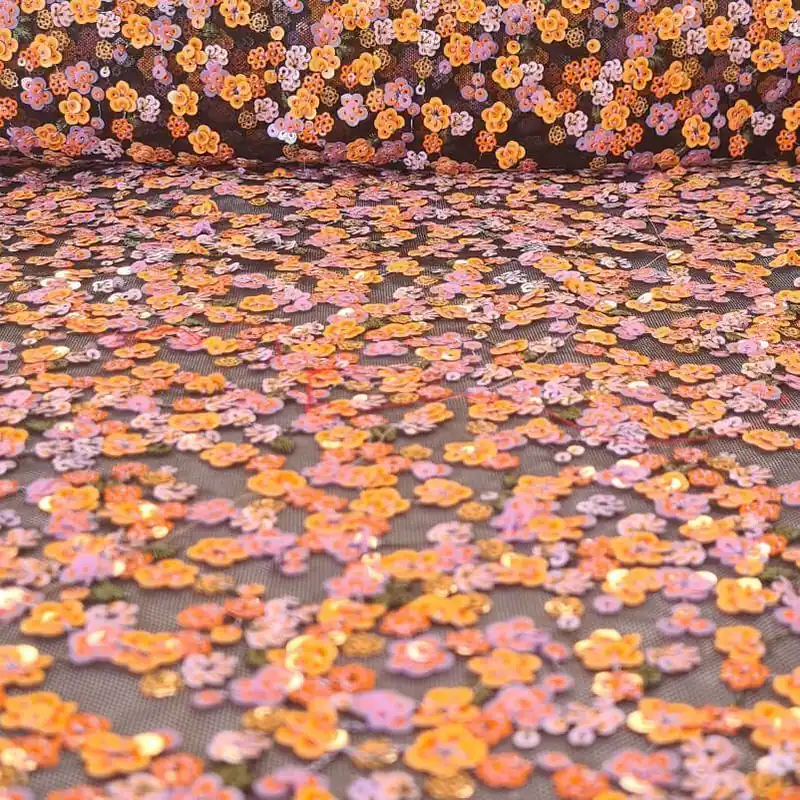 Tela de Tul con Lentejuelas en forma de Flores Malvas y Mostazas (ancho 1,25M) Solo Por Tiempo Limitado