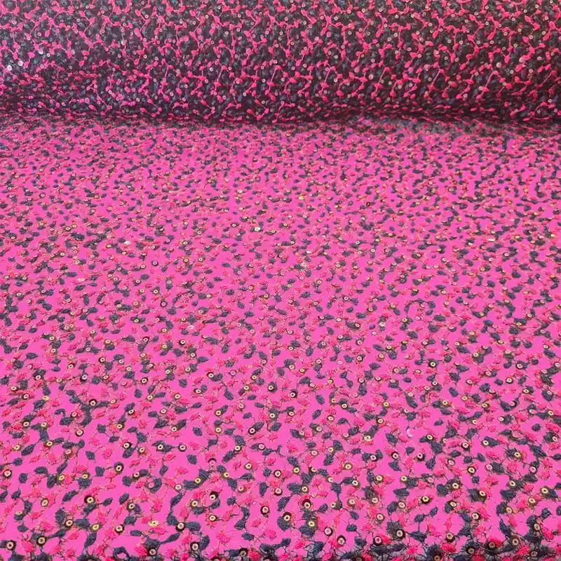 Edición Limitada Combinado de Tela de Encaje con Lentejuela Buganvilla y Negro y Satén (ancho 1,25M)