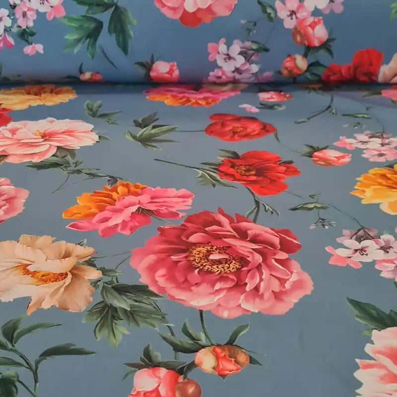 Alta Calidad Tela Bielástica Estampado Flores Fondo Azul Grisáceo (ancho 1,40M)