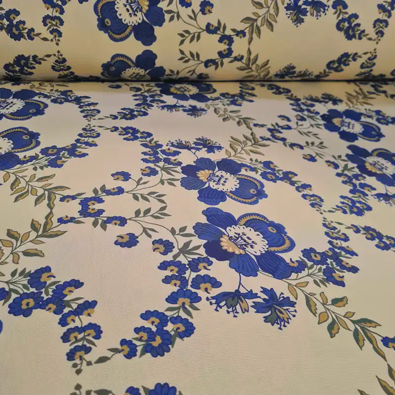Última Oportunidad Tela de Loneta Beige Estampada con Flores Azules (ancho 2,80M)