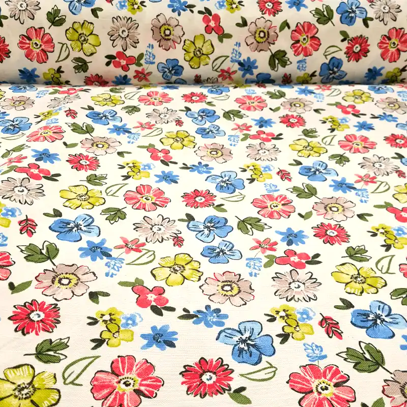 Edición Limitada Tela de Loneta Blanco Roto Estampada con Flores de Colores (2,80M ancho)