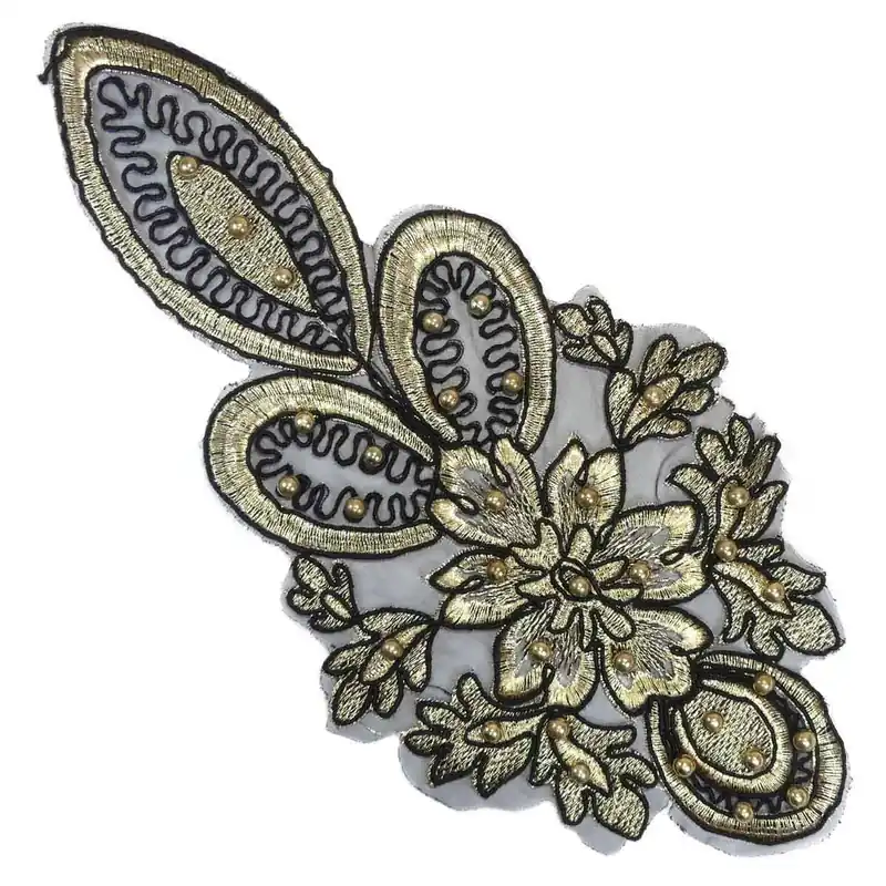 Aplicación bordado negro y dorado con perlas - Multicolor Negro+Oro Precio Reducido